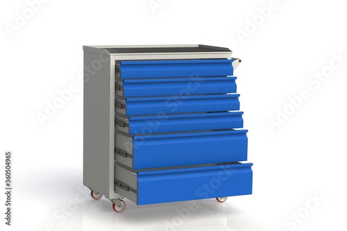 Metal tool cabinet on wheels with drawers. A convenient place for storing tools and spare parts. Metal furniture.  3D-model rendering of the table for shooting from above.