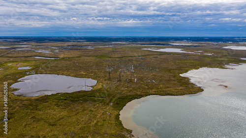 Landscape of the forest-tundra and the sandy river bank  bird s eye view.Arctic Circle  tunda. Beautiful landscape of  tundra from a helicopter.