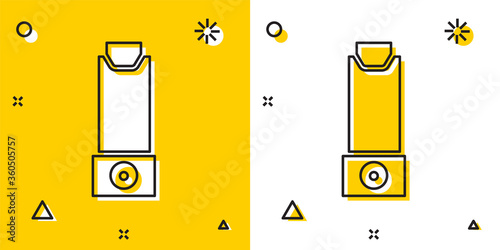 Black Inhaler icon isolated on yellow and white background. Breather for cough relief, inhalation, allergic patient. Random dynamic shapes. Vector Illustration.