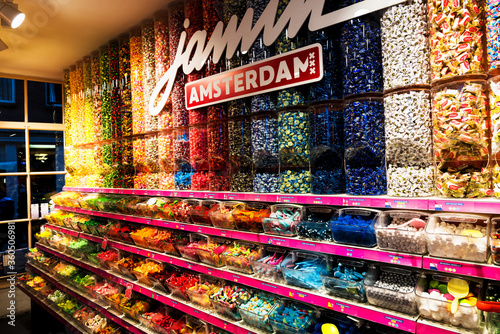 AMSTERDAM, NETHERLANDS - NOV 2, 2019: View inside Jamin candy store with colorful candy display. photo
