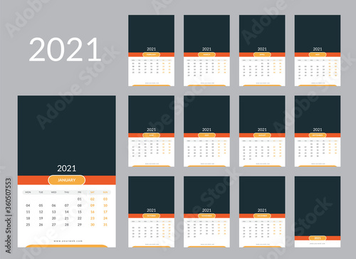 Calendar for 2021 year. Wall calendar planner template. Week starts on Monday.Set of 12 months. Vector illustration