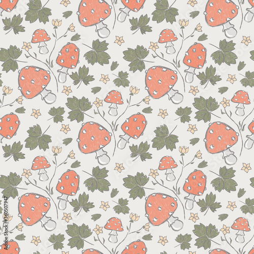Seamless pattern on gray background with yellow buttercup leaves and amanita