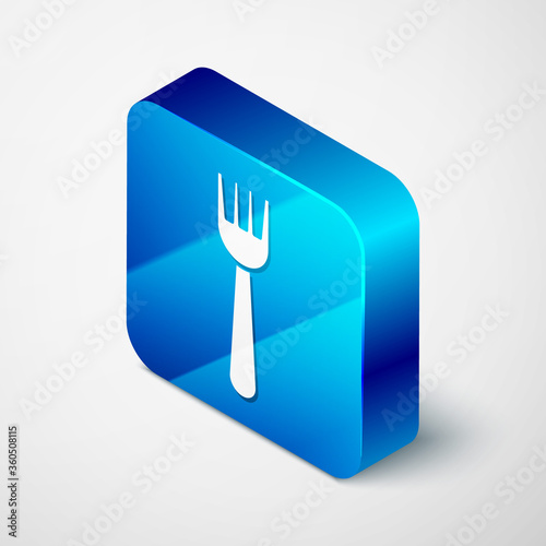 Isometric Disposable plastic fork icon isolated on grey background. Blue square button. Vector Illustration.