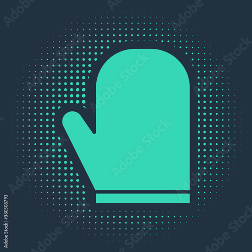 Green Oven glove icon isolated on blue background. Kitchen potholder sign. Cooking glove. Abstract circle random dots. Vector Illustration.