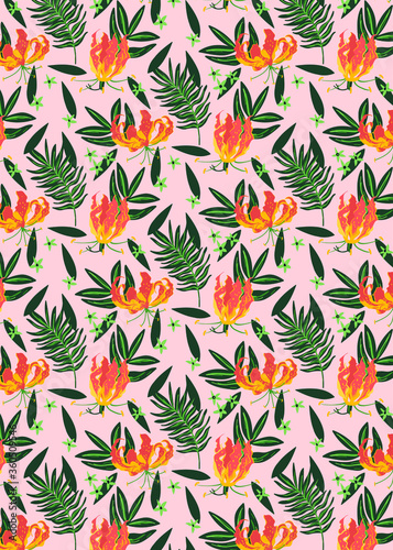 Tropical vector leaves seamless pattern background. Exotic wallpaper. pink background