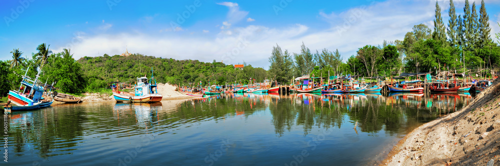 Panoramic view, small coastal fishing harbor, Bang Saphan District, Prachuap Khiri Khan province, Thailand