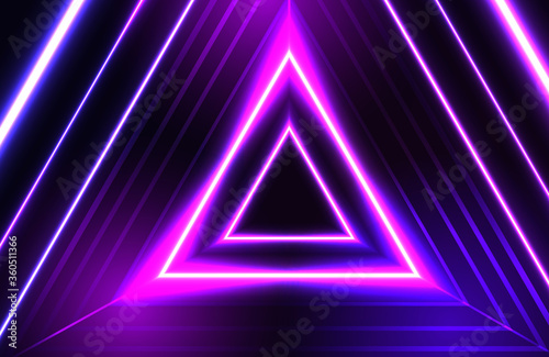 Retro futuristic glowing neon background. Geometric triangle with shiny blue neon light modern concept