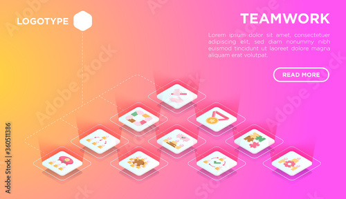 Teamwork web page template with flat isometric icons: relay race, brainstorm, success, meeting, idea share, collaboration, joint project, unity, support, delegation, bonus. Modern vector illustration.