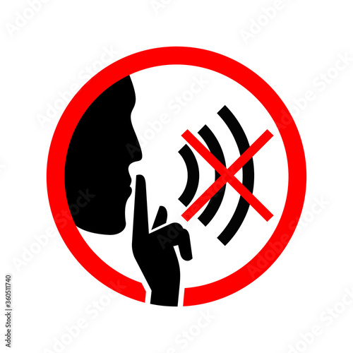 Keep quiet sign - human silhouette with shhh gesture and crossed out sound wave - warning prohibited sticker