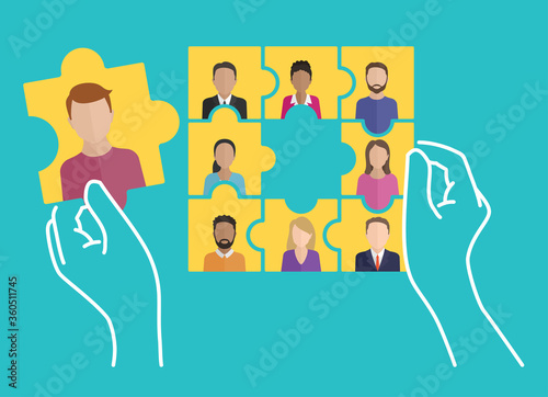 Join our team! Human hands piecing  puzzle form with people avatars inside - motivation of formation of a working team - recruitment hiring concept