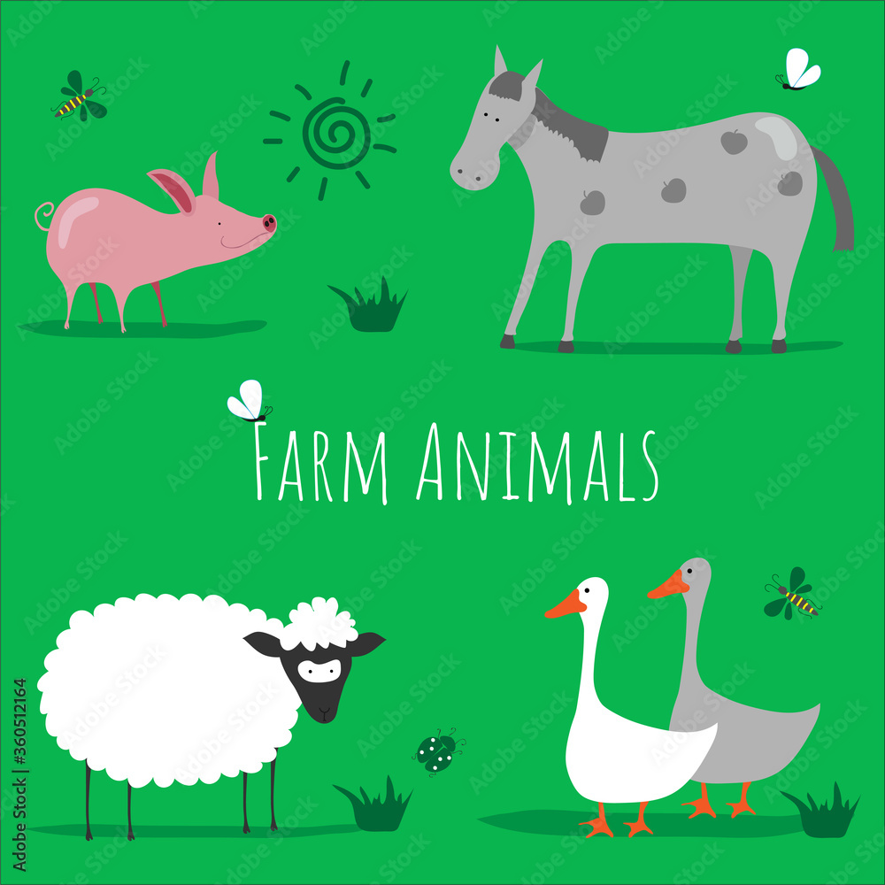 Vector set of farm animals on a green background. Horse, pig, sheep and geese. Vector set of farm animals on a green background. Horse, pig, sheep and geese.