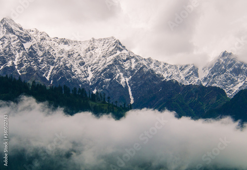 Forest and snow-capped peaks of the Himalayan mountains in clouds