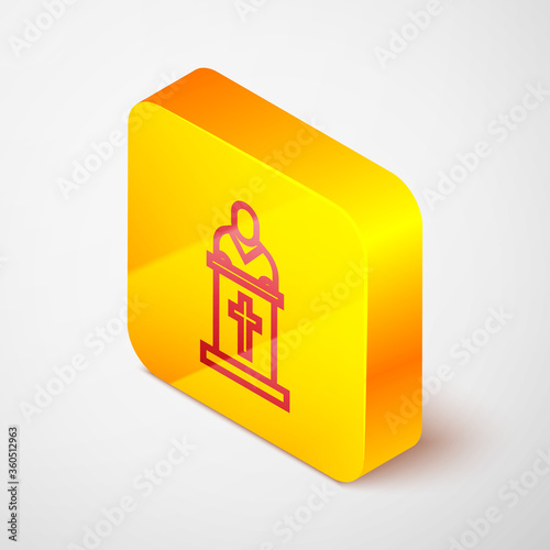 Isometric line Church pastor preaching icon isolated on grey background. Yellow square button. Vector Illustration.