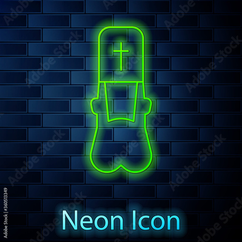 Glowing neon line Priest icon isolated on brick wall background. Vector Illustration.