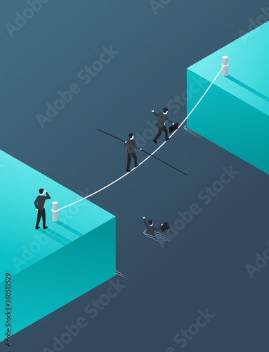 Business risk and professional strategy concept - business people team crossing cross the river on a rope - vertical isometric conceptual illustration for banner or poster