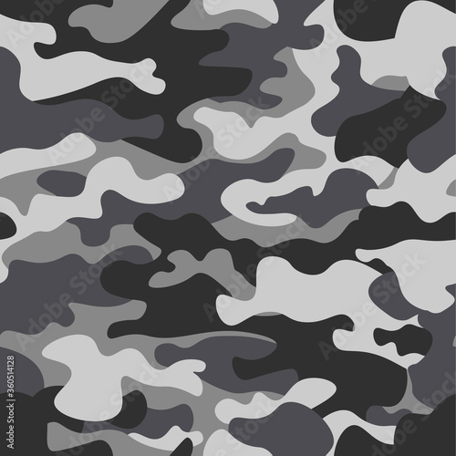 Camouflage seamless pattern background. Classic clothing style masking camo repeat print. Black grey white colors winter ice texture. Design element. Vector illustration.