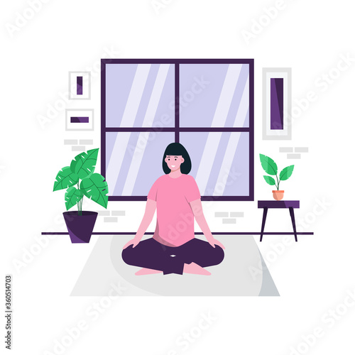 Flat vector illustration of doing yoga exercises at home every morning to maintain a healthy body
