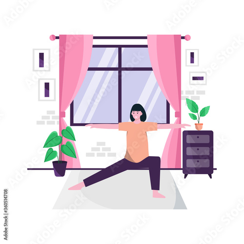 Flat vector illustration of doing yoga exercises at home every morning to maintain a healthy body