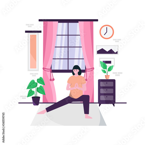 Flat vector illustration of doing yoga exercises at home every morning to maintain a healthy body