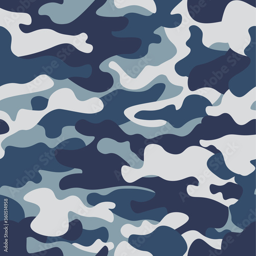 Seamless Camouflage pattern background. Classic clothing style masking camo repeat print. Blue, navy cerulean grey colors forest texture. Design element. Vector illustration.