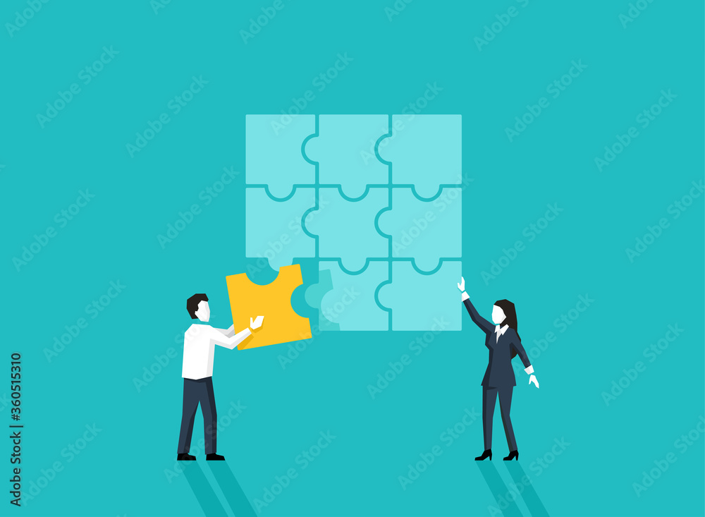People collect puzzle - vector conceptual illustration of teamwork, co-working, cooperation, optimization and other public working purpose People collect puzzle - vector conceptual illustration of teamwork, co-working, cooperation, optimization and other public working purpose