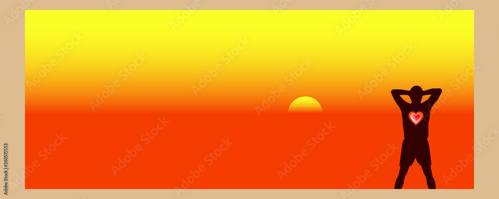 Poster orange landscape sunset or sunrise. Dark silhouette of a man with a big heart