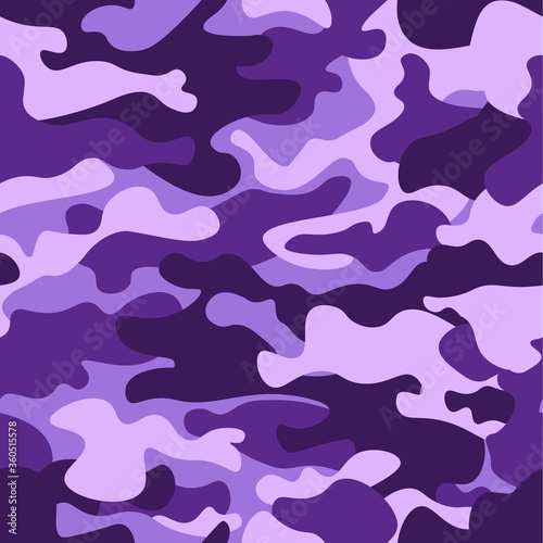 Military camouflage seamless pattern, purple monochrome. Classic clothing style masking camo repeat print. ruby colors texture. Design element. Vector illustration.