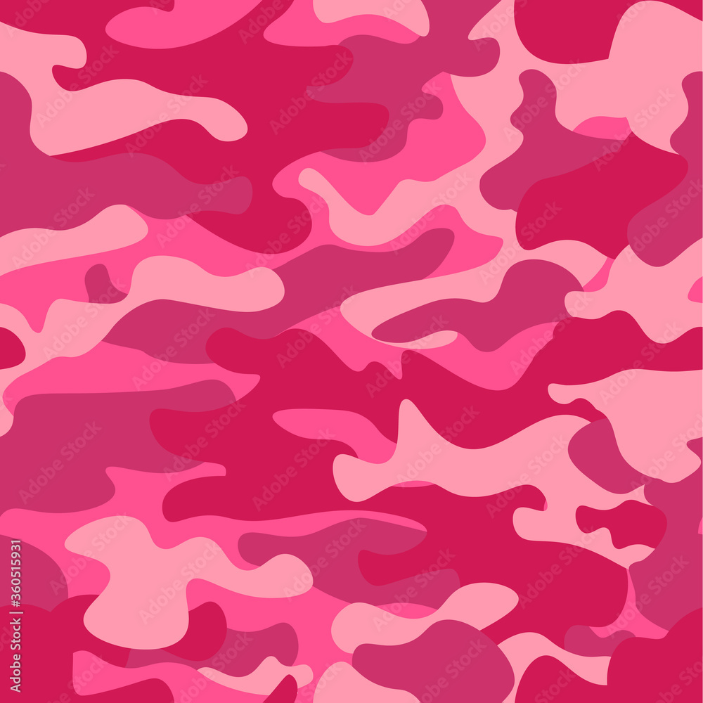 Camouflage seamless pattern background. Classic clothing style masking camo repeat print. Pink orchid rose ruby colors forest texture. Design element. Vector illustration. Camouflage seamless pattern background. Classic clothing style masking camo repeat print. Pink orchid rose ruby colors forest texture. Design element. Vector illustration.
