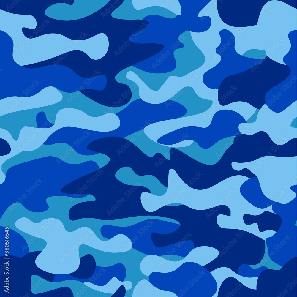 Camouflage pattern background seamless vector illustration. Classic clothing style masking camo repeat print. Blue colors marines texture