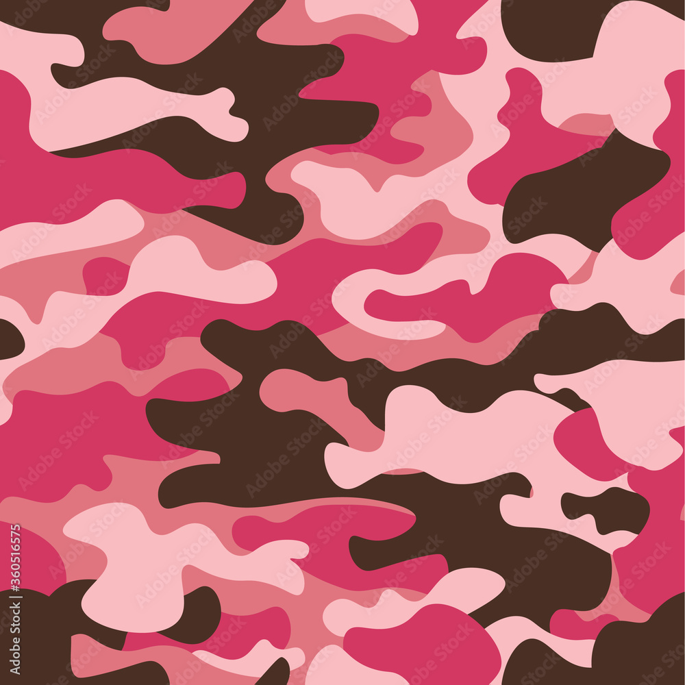 Camouflage seamless pattern background. Classic clothing style masking camo repeat print. Pink orchid rose ruby colors forest texture. Design element. Vector illustration.