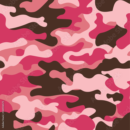 Camouflage seamless pattern background. Classic clothing style masking camo repeat print. Pink orchid rose ruby colors forest texture. Design element. Vector illustration.