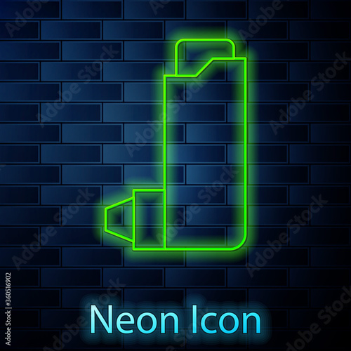 Glowing neon line Inhaler icon isolated on brick wall background. Breather for cough relief, inhalation, allergic patient. Vector Illustration.