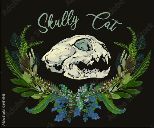 Skully of cat. Can be used for t-shirt print, poster, card, tattoo. Ideal for Halloween, the Day of the Dead, веточки лисных растений, папоратник и травы, Tattoo, Boho print. Vintage engraving. Vintag