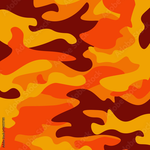 Camouflage pattern background. Classic clothing style masking camo repeat print. Fire orange brown yellow colors forest texture. Design element. Vector illustration.