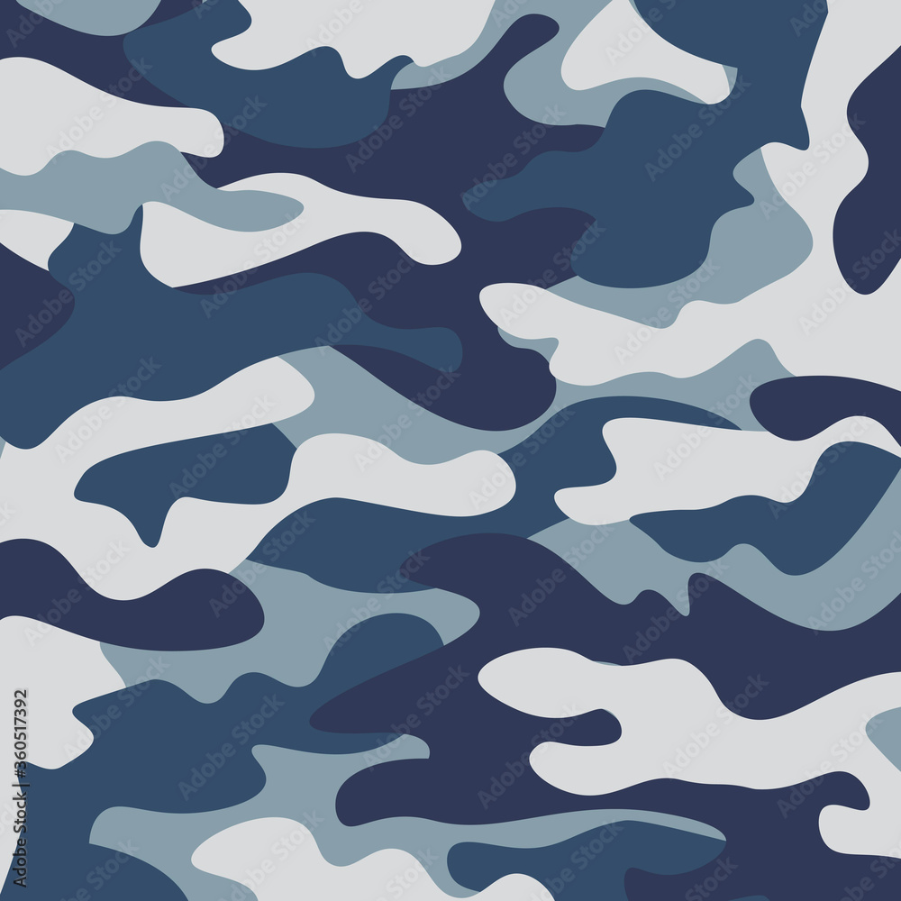 Camouflage pattern background. Classic clothing style masking camo repeat print. Blue, navy cerulean grey colors forest texture. Design element. Vector illustration.