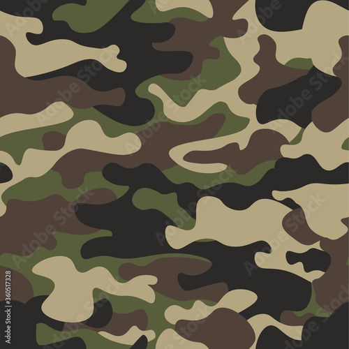 Camouflage seamless pattern background. Classic clothing style masking camo repeat print. Green brown black olive colors forest texture. Design element. Vector illustration.