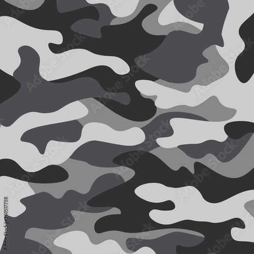 Camouflage pattern background. Classic clothing style masking camo repeat print. Black grey white colors winter ice texture. Design element. Vector illustration.