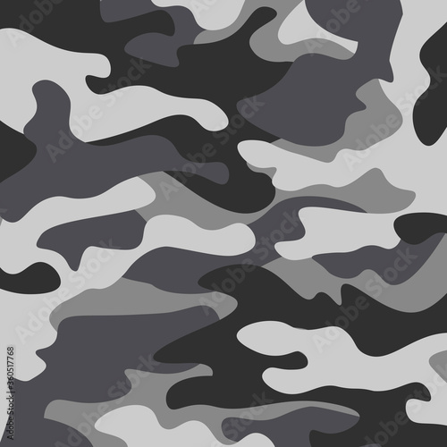 Camouflage pattern background. Classic clothing style masking camo repeat print. Black grey white colors winter ice texture. Design element. Vector illustration.