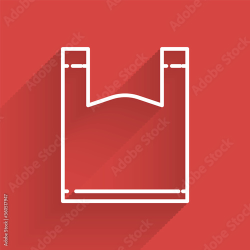 White line Plastic bag icon isolated with long shadow. Disposable cellophane and polythene package prohibition sign. Vector Illustration.