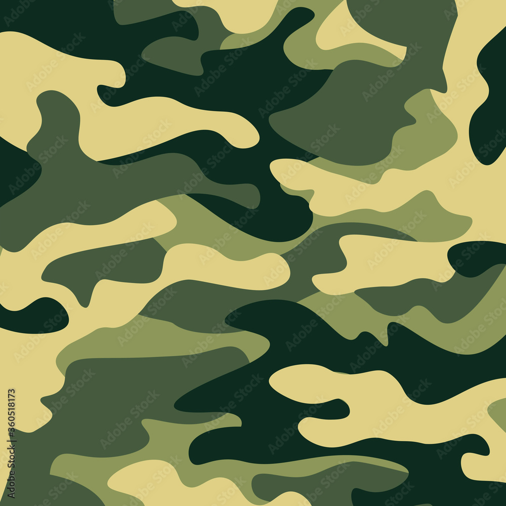 Fototapeta premium Camouflage pattern background. Classic clothing style masking camo repeat print. Green brown black olive colors forest texture. Design element. Vector illustration.