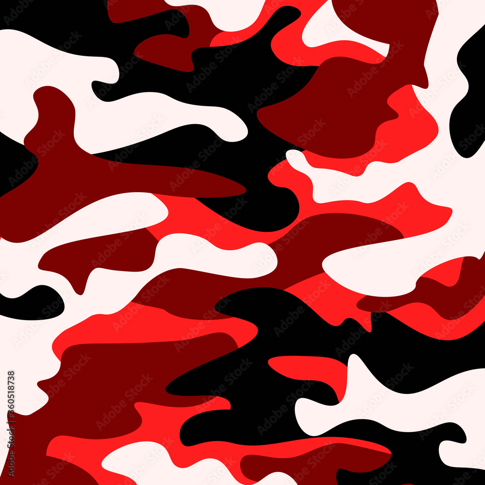 Camouflage pattern background. Classic clothing style masking camo repeat print. Red, white, brown black colors forest texture. Design element. Vector illustration. Camouflage pattern background. Classic clothing style masking camo repeat print. Red, white, brown black colors forest texture. Design element. Vector illustration.