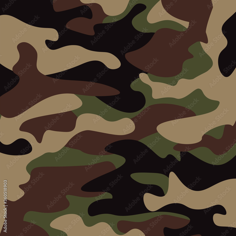 Camouflage pattern background. Classic clothing style masking camo repeat print. Green brown black olive colors forest texture. Design element. Vector illustration. Camouflage pattern background. Classic clothing style masking camo repeat print. Green brown black olive colors forest texture. Design element. Vector illustration.