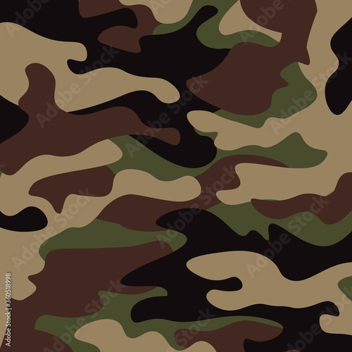 Camouflage pattern background. Classic clothing style masking camo repeat print. Green brown black olive colors forest texture. Design element. Vector illustration.