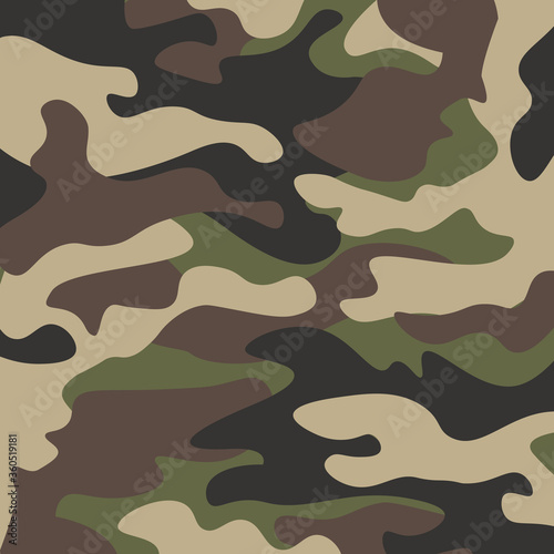 Camouflage pattern background. Classic clothing style masking camo repeat print. Green brown black olive colors forest texture. Design element. Vector illustration.