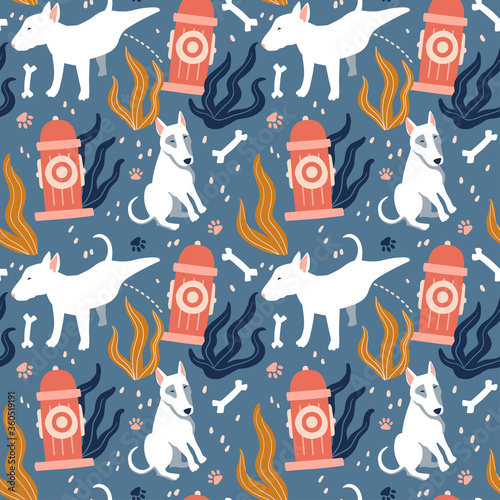 Fotografia Seamless cartoon dogs pattern with fire hydrant, bones, footprint and leaves