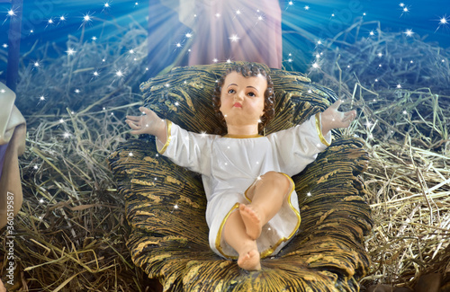 Wallpaper Mural Statuettes of baby Jesus,The birthday of Jesus is a statuette of Maria with Joseph and newborn Jesus on the hay, A Christmas nativity scene. Torontodigital.ca