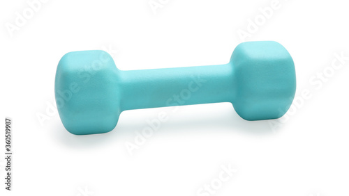 One turquoise colored rubber dumbbell isolated over white background