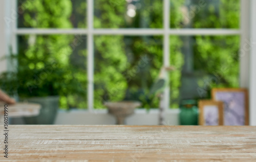 Empty table mockup top blurred background. White wood table. Panoramic banner - can be used as mock up