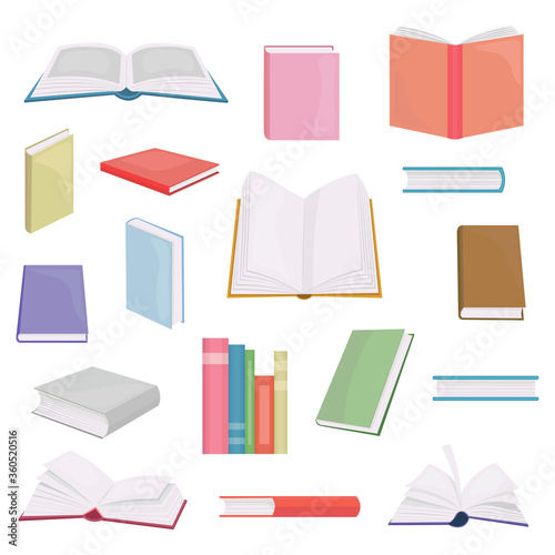 Flat books and reading documents. Open science textbook, encyclopedia and dictionary icons. Dictionary and literature textbook for school or home use illustration