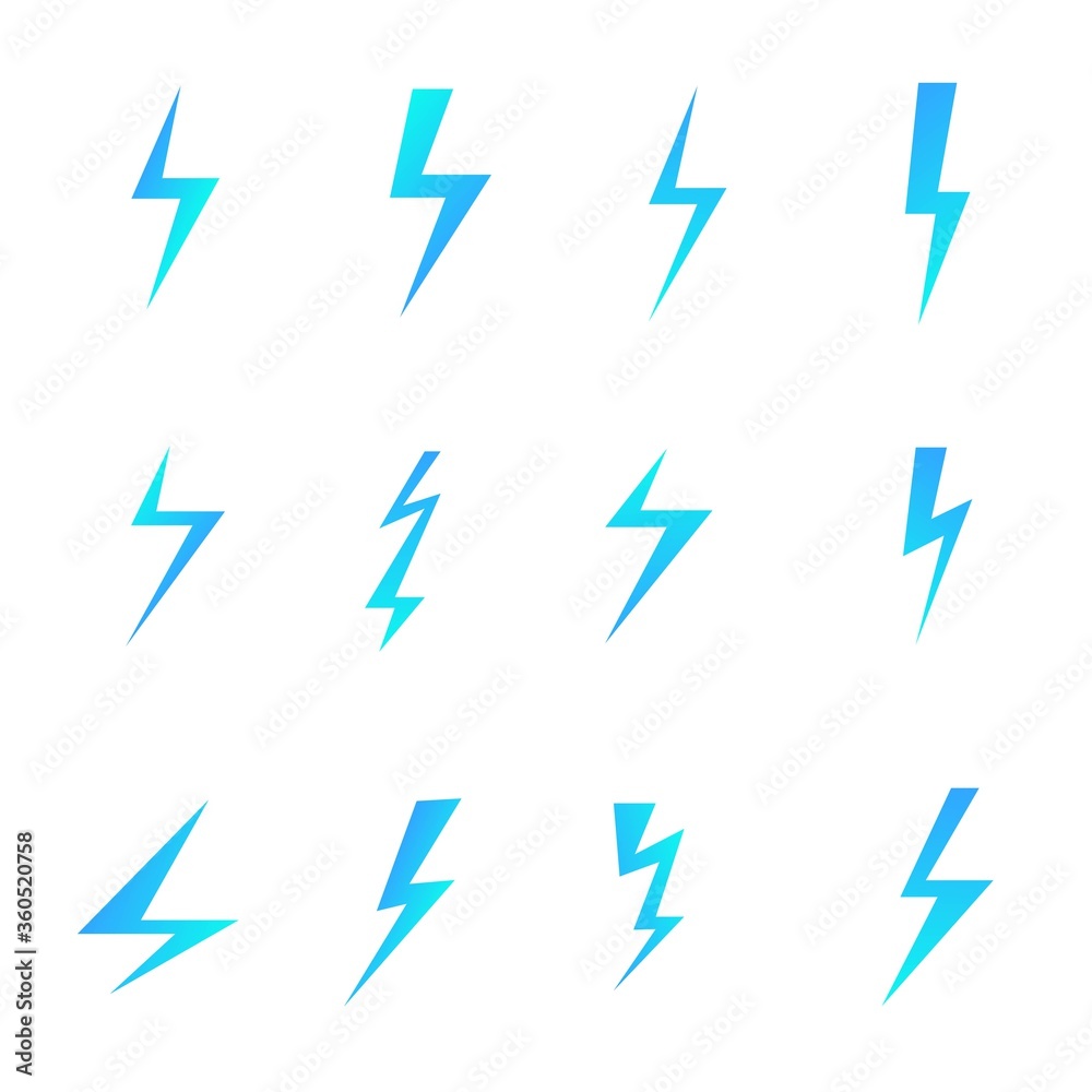 Set of blue lightnings isolated over white background. Cartoon and flat style design elements. Vector illustration Set of blue lightnings isolated over white background. Cartoon and flat style design elements. Vector illustration